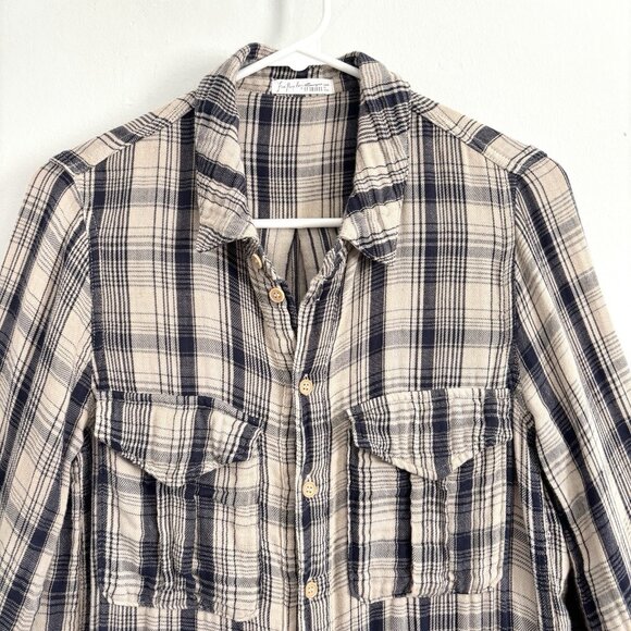Free People x CP Shades Blue Cream Plaid Long Sleeve Button Down Tunic XS Shirt - Picture 2 of 10